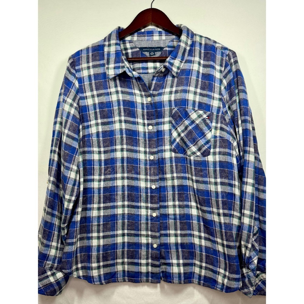 Tommy Hilfiger Women's Flannel Shirt Plaid Button Up Long Sleeve‎ Top Sz XL